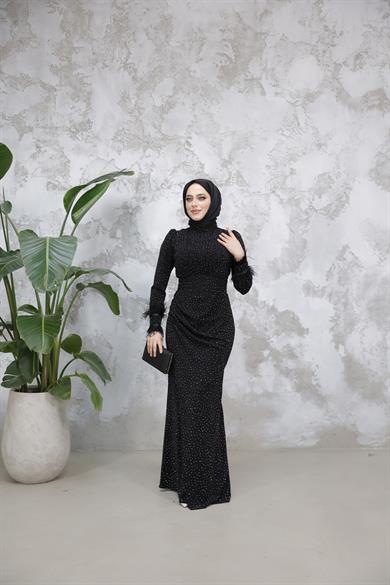 Kolu Tüylü Sim ve Taş Detaylı Abiye - Siyah