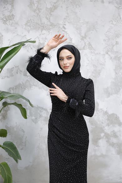 Kolu Tüylü Sim ve Taş Detaylı Abiye - Siyah