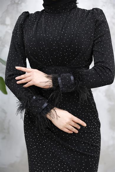 Kolu Tüylü Sim ve Taş Detaylı Abiye - Siyah