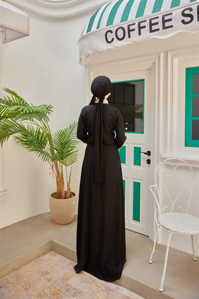 Kolu ve Boynu Taş Süslemeli Abiye - Siyah