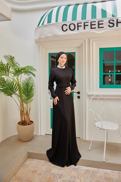 Kolu ve Boynu Taş Süslemeli Abiye - Siyah