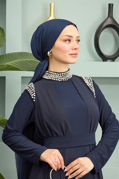 Stoned Sleeve and Neck Dress - Navy Blue