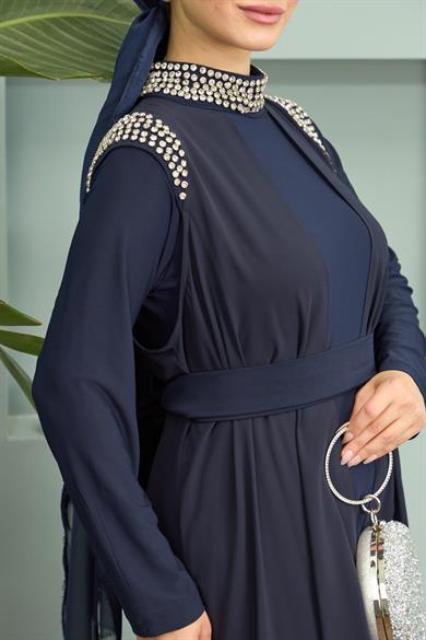 Stoned Sleeve and Neck Dress - Navy Blue