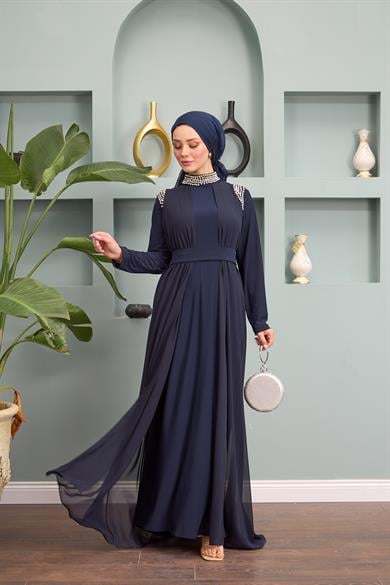 Stoned Sleeve and Neck Dress - Navy Blue