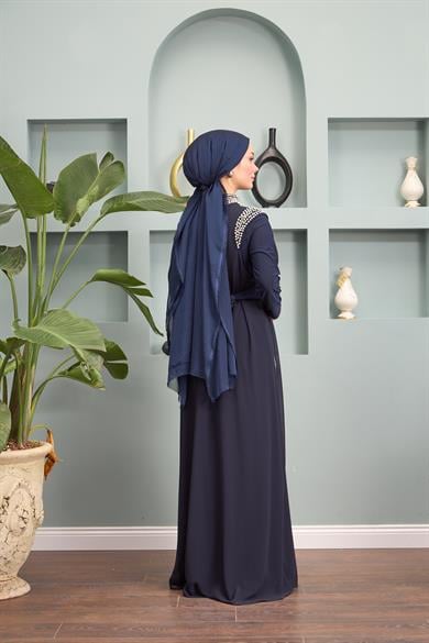 Stoned Sleeve and Neck Dress - Navy Blue