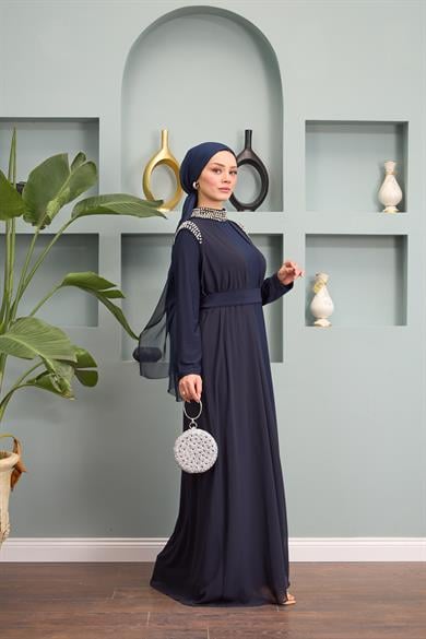 Stoned Sleeve and Neck Dress - Navy Blue
