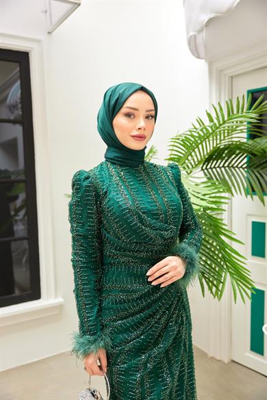 Kübra Taş İşleme Abiye - Zümrüt Yeşil