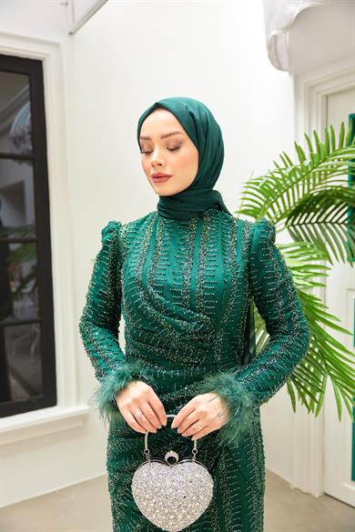 Kübra Taş İşleme Abiye - Zümrüt Yeşil