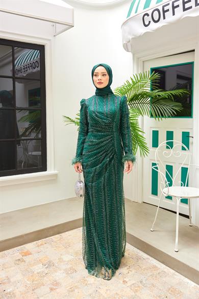 Kübra Taş İşleme Abiye - Zümrüt Yeşil