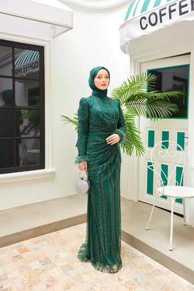 Kübra Taş İşleme Abiye - Zümrüt Yeşil