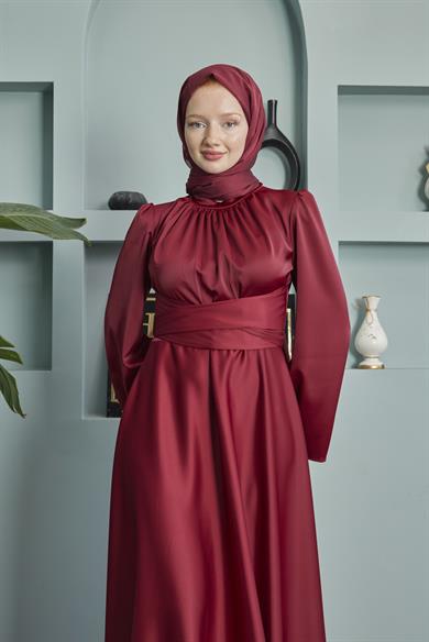 Satin Evening Dress with Sash Detail - Claret Red