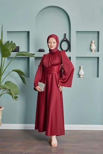Satin Evening Dress with Sash Detail - Claret Red