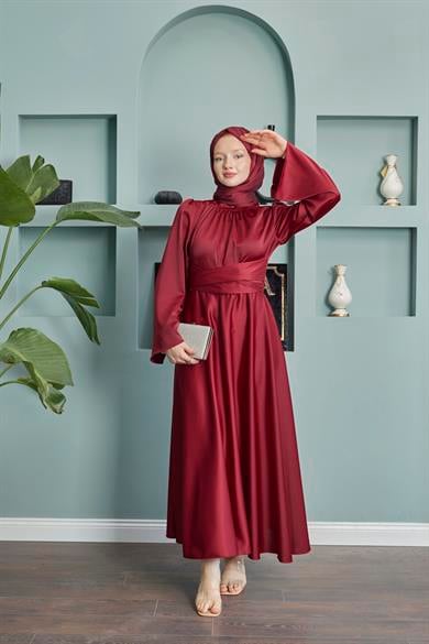 Satin Evening Dress with Sash Detail - Claret Red