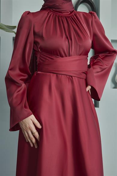 Satin Evening Dress with Sash Detail - Claret Red
