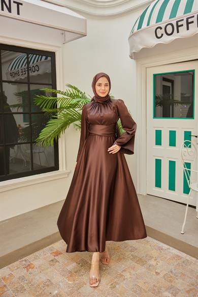 Satin Evening Dress with Sash Detail - Brown