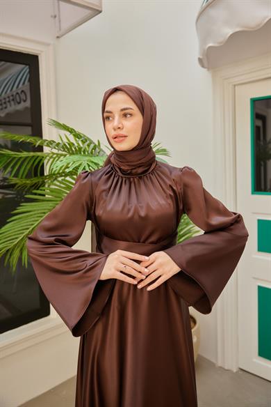 Satin Evening Dress with Sash Detail - Brown