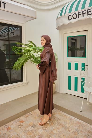 Satin Evening Dress with Sash Detail - Brown