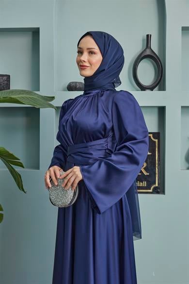 Satin Evening Dress with Sash Detail - Navy Blue