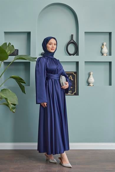Satin Evening Dress with Sash Detail - Navy Blue