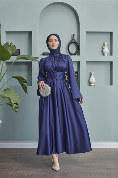 Satin Evening Dress with Sash Detail - Navy Blue