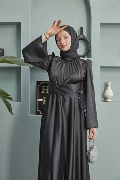 Satin Evening Dress with Sash Detail - Black