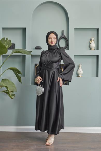 Satin Evening Dress with Sash Detail - Black