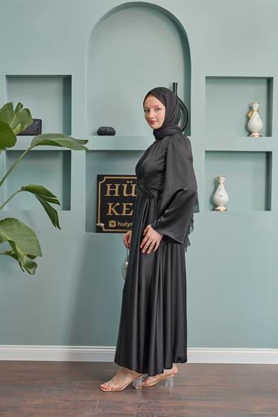 Satin Evening Dress with Sash Detail - Black