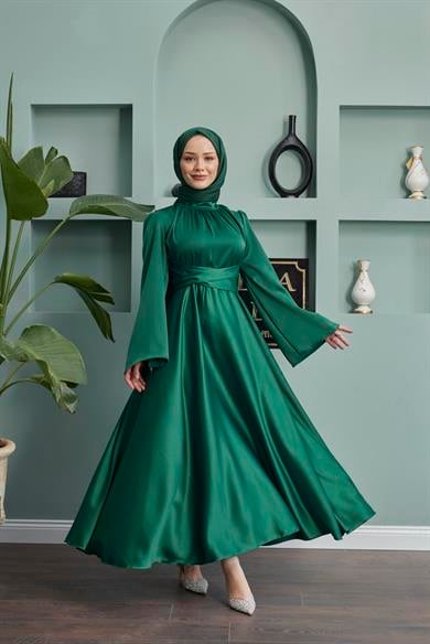 Satin Evening Dress with Sash Detail - Emerald Green