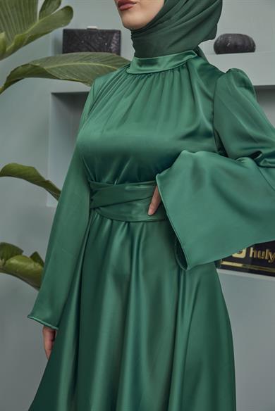 Satin Evening Dress with Sash Detail - Emerald Green