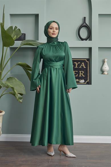 Satin Evening Dress with Sash Detail - Emerald Green
