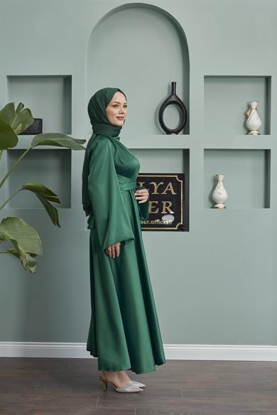 Satin Evening Dress with Sash Detail - Emerald Green