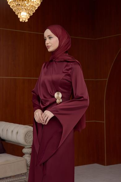 Lale Bel Detaylı Kobe Saten Abiye - Bordo