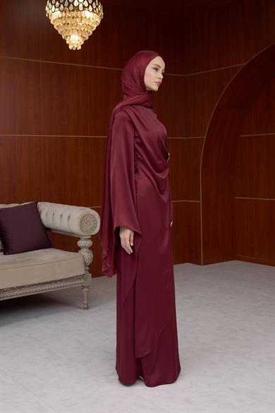 Lale Bel Detaylı Kobe Saten Abiye - Bordo