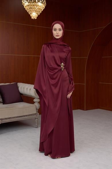 Lale Bel Detaylı Kobe Saten Abiye - Bordo