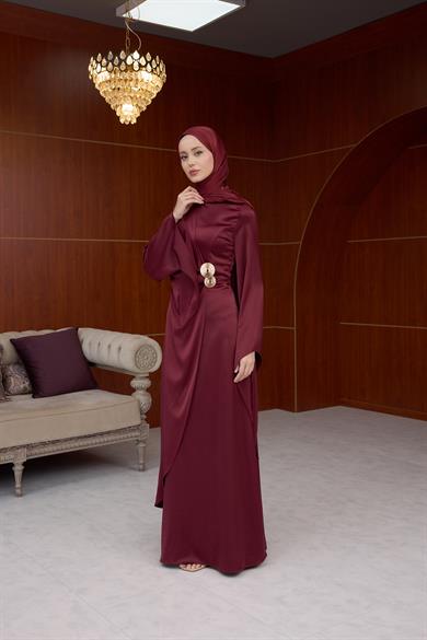 Lale Bel Detaylı Kobe Saten Abiye - Bordo