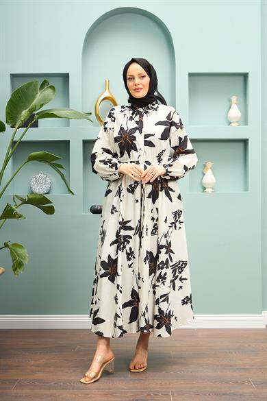 Latife Floral Patterned Dress - Black