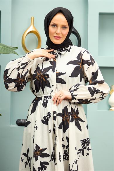 Latife Floral Patterned Dress - Black