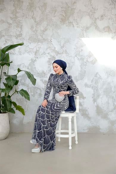 Lavinya Tesettür Detaylı Abiye - Lacivert