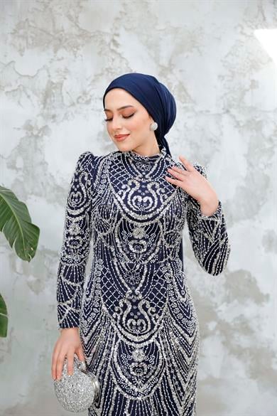 Lavinya Tesettür Detaylı Abiye - Lacivert