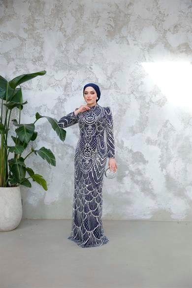 Lavinya Tesettür Detaylı Abiye - Lacivert