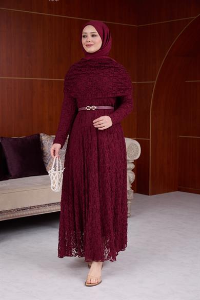 Lotus Bürümcük Elbise - Bordo