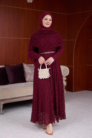 Lotus Bürümcük Elbise - Bordo