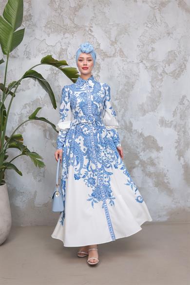 Eftelya Elbise - Mavi-Ekru