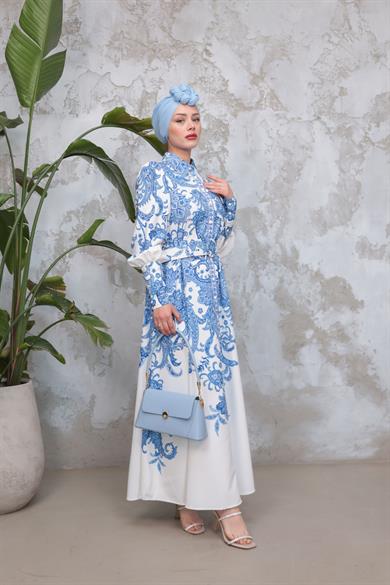 Eftelya Elbise - Mavi-Ekru