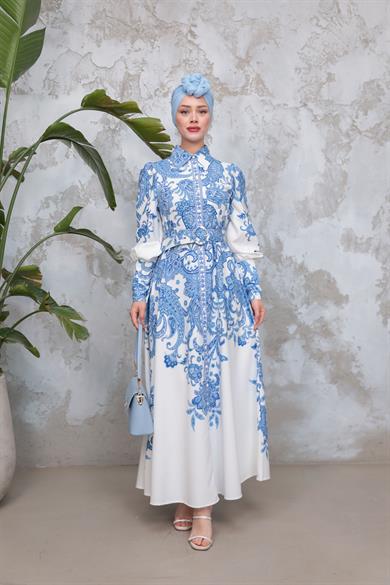 Eftelya Elbise - Mavi-Ekru