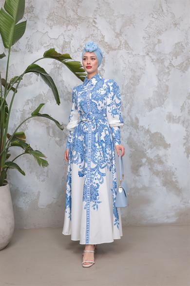 Eftelya Elbise - Mavi-Ekru