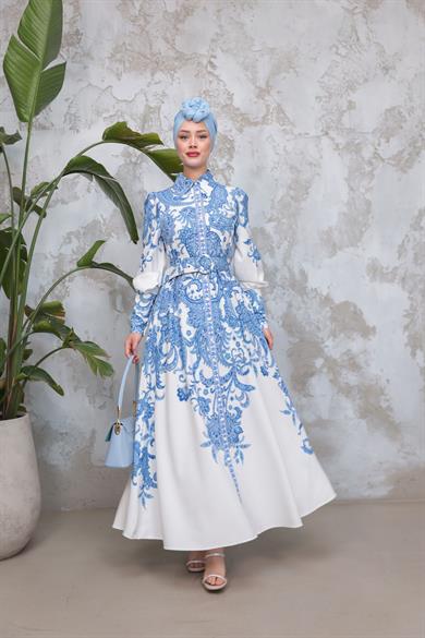 Eftelya Elbise - Mavi-Ekru