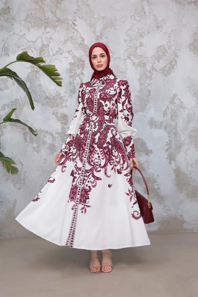 Eftelya Elbise - Vişne-Ekru