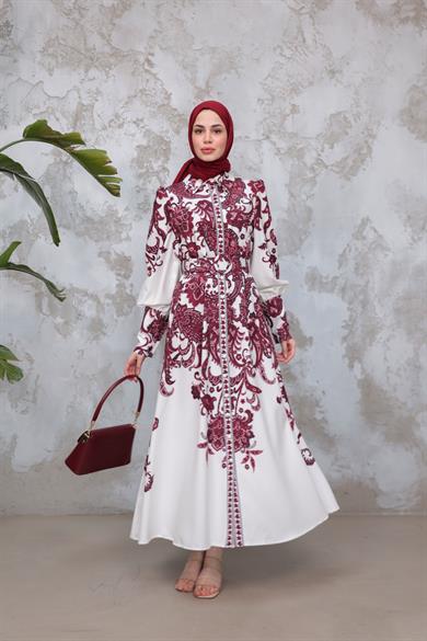 Eftelya Elbise - Vişne-Ekru