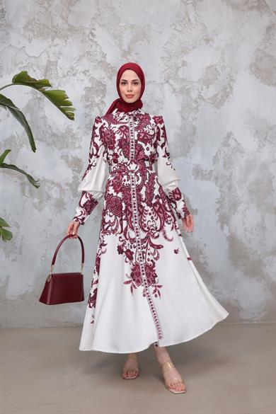 Eftelya Elbise - Vişne-Ekru